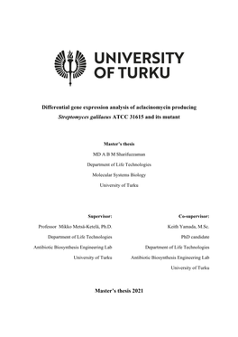 Differential Gene Expression Analysis of Aclacinomycin Producing Streptomyces Galilaeus ATCC 31615 and Its Mutant