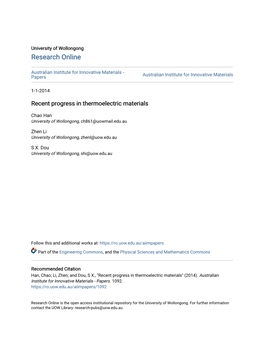 Recent Progress in Thermoelectric Materials