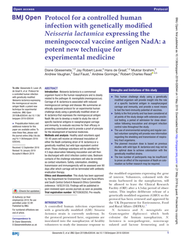 Protocol for a Controlled Human Infection with Genetically Modified Neisseria Lactamica Expressing the Meningococcal Vaccine