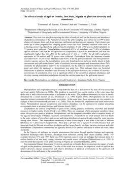 The Effect of Crude Oil Spill at Izombe, Imo State, Nigeria on Plankton Diversity and Abundance