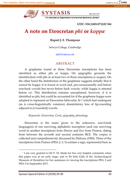 A Note on Eteocretan Phi Or Koppa*