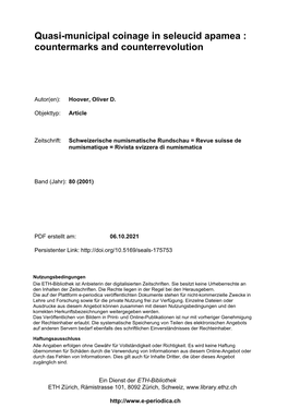 Quasi-Municipal Coinage in Seleucid Apamea : Countermarks and Counterrevolution