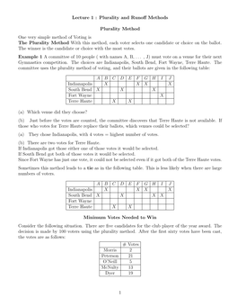 Lecture 1 : Plurality and Runoff Methods