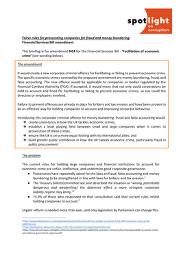 Fairer Rules for Prosecuting Companies for Fraud and Money Laundering: Financial Services Bill Amendment This Briefing Is F