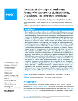 Invasion of the Tropical Earthworm Pontoscolex Corethrurus (Rhinodrilidae, Oligochaeta) in Temperate Grasslands