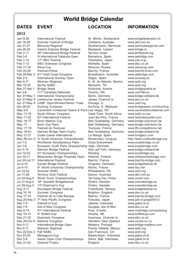 World Bridge Calendar DATES EVENT LOCATION INFORMATION 2012 Jan15-25 International Festival St