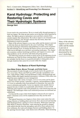 Karst Hydrology 121 Section A-Identifying and Protecting Cave Resources