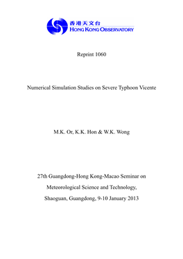 Reprint 1060 Numerical Simulation Studies on Severe Typhoon Vicente