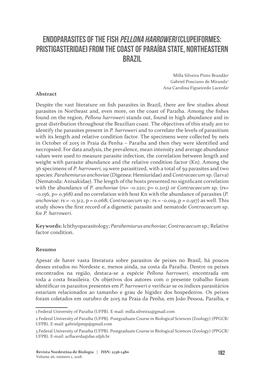 Endoparasites of the Fish Pellona Harroweri (Clupeiformes: Pristigasteridae) from the Coast of Paraíba State, Northeastern Brazil