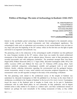 Politics of Heritage: the State of Archaeology in Kashmir (1846-1947)