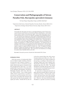 Conservation and Phylogeography of Taiwan Paradise Fish, Macropodus Opercularis Linnaeus