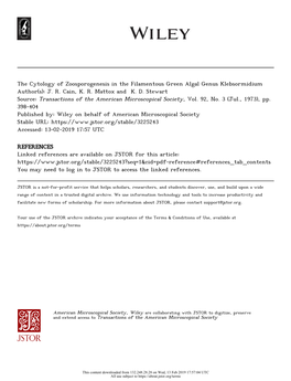 The Cytology of Zoosporogenesis in the Filamentous Green Algal Genus Klebsormidium Author(S): J