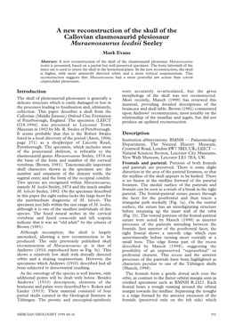 A New Reconstruction of the Skull of the Callovian Elasmosaurid Plesiosaur Muraenosaurus Leedsii Seeley Mark Evans