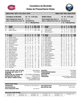 Canadiens De Montréal Notes De Presse/Game Notes