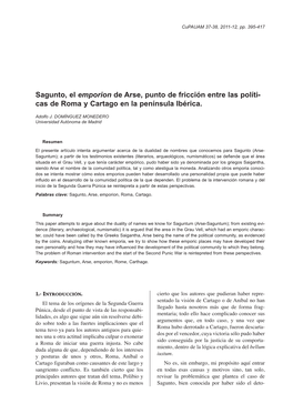 Sagunto, El Emporion De Arse, Punto De Fricción Entre Las Políti- Cas De Roma Y Cartago En La Península Ibérica