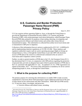 Passenger Name Record (PNR) Privacy Policy June 21, 2013 U.S