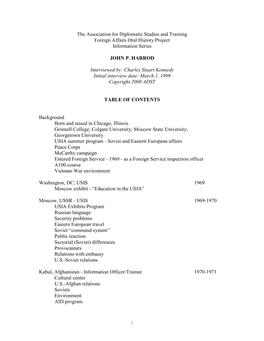 The Association for Diplomatic Studies and Training Foreign Affairs Oral History Project Information Series JOHN P. HARROD Inter