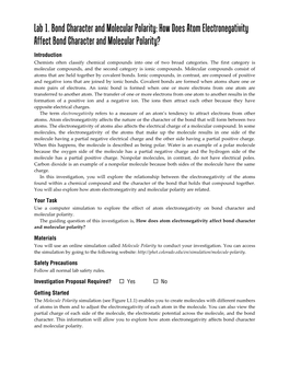 Lab 1. Bond Character and Molecular Polarity: How Does Atom Electronegativity Affect Bond Character and Molecular Polarity?