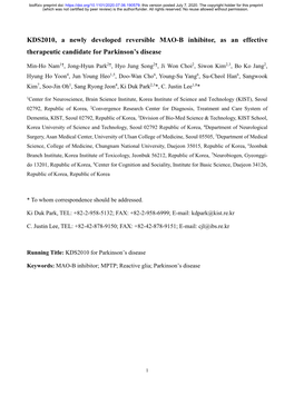 KDS2010, a Newly Developed Reversible MAO-B Inhibitor, As an Effective Therapeutic Candidate for Parkinson’S Disease