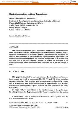 Matrix Computations in Linear Superalgebra Institute De Znvestigaciones En Matemhticas Aplicadas Y Sistemus Universidad Nacionul