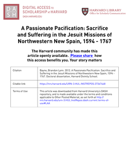 A Passionate Pacification: Sacrifice and Suffering in the Jesuit Missions of Northwestern New Spain, 1594 - 1767