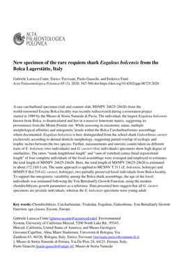 New Specimen of the Rare Requiem Shark Eogaleus Bolcensis from the Bolca Lagerstätte, Italy