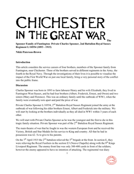 The Spooner Family of Funtington: Private Charles Spooner, 2Nd Battalion Royal Sussex Regiment L/10554 (1893 - 1915) Nikki Paterson-Brown