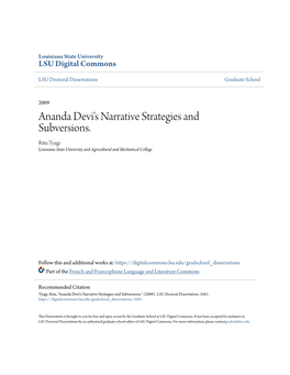 Ananda Devi's Narrative Strategies and Subversions. Ritu Tyagi Louisiana State University and Agricultural and Mechanical College