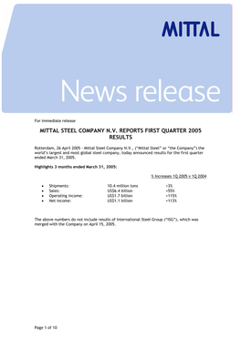 Mittal Steel Company N.V. Reports First Quarter 2005 Results