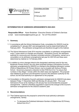 Determination of Admission Arrangements 2022-2023