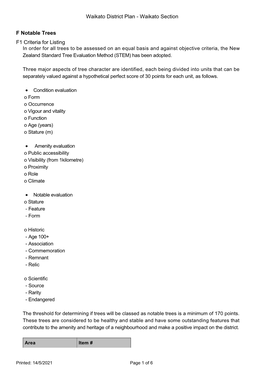 F Notable Trees F1 Criteria for Listing Waikato District Plan