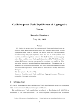 Coalition-Proof Nash Equilibrium of Aggregative