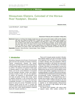 Mosquitoes (Diptera, Culicidae) of the Morava River Floodplain, Slovakia