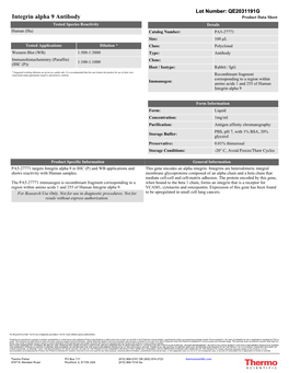 Integrin Alpha 9 Antibody Product Data Sheet Tested Species Reactivity Details Human (Hu) Catalog Number: PA5-27771