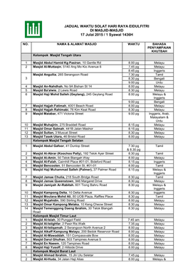 JADUAL WAKTU SOLAT HARI RAYA EIDULFITRI DI MASJID-MASJID 17 Julai 2015 / 1 Syawal 1436H