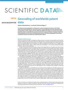Geocoding of Worldwide Patent Data Descriptor Data Gaétan De Rassenfosse 1, Jan Kozak1 & Florian Seliger 2*