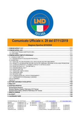 Comunicato Ufficiale N. 29 Del 07/11/2019