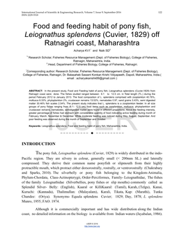 Food and Feeding Habit of Pony Fish, Leiognathus Splendens (Cuvier, 1829) Off Ratnagiri Coast, Maharashtra Acharya KV1* and Naik SD2