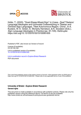 Goat-Sheep-Mixed-Sign” in Lhasa - Deaf Tibetans’ Language Ideologies and Unimodal Codeswitching in Tibetan and Chinese Sign Languages, Tibet Autonomous Region, China’