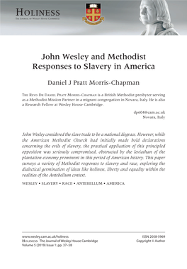 Wesley and Methodist Responses to Slavery in America