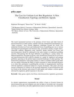 Policy Paper the Case for Uniform Loot Box Regulation: a New Classiﬁcation Typology and Reform Agenda