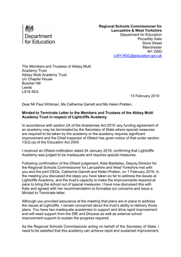 Minded to Terminate Letter Regarding Lightcliffe Academy