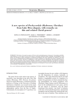 A New Species of Pachycordyle (Hydrozoa, Clavidae) from Lake Biwa (Japan), with Remarks on This and Related Clavid Genera*