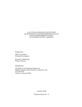 A Cultural Resources Inventory of Portions of Sulphur Springs Valley and San Bernardino Valley in Cochise County, Arizona