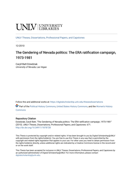 The Gendering of Nevada Politics: the ERA Ratification Campaign, 1973-1981