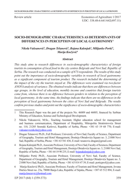 Socio-Demographic Characteristics As Determinants of Differences in Perception of Local Gastronomy