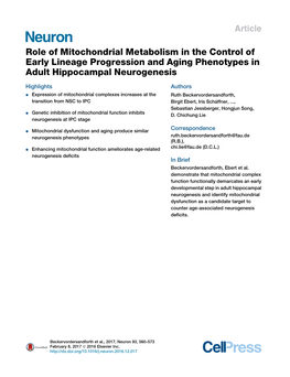 Role of Mitochondrial Metabolism in the Control of Early Lineage Progression and Aging Phenotypes in Adult Hippocampal Neurogenesis