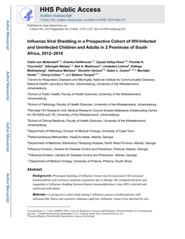 Influenza Viral Shedding in a Prospective Cohort of HIV-Infected and Uninfected Children and Adults in 2 Provinces of South Africa, 2012–2014