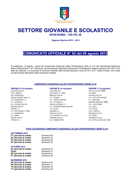 Settore Giovanile E Scolastico 00198 Roma – Via Po, 36