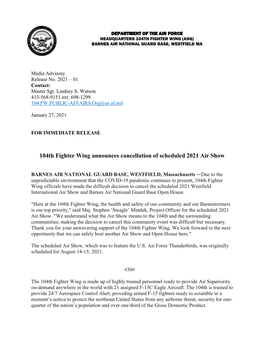 104Th Fighter Wing Announces Cancellation of Scheduled 2021 Air Show